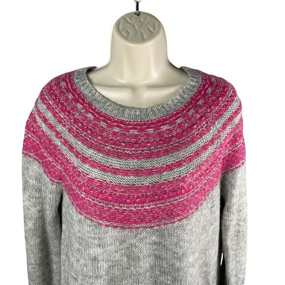 Ann Taylor Loft Sweater Womens XS Gray Pink Fair Isle Wool Mohair Blend Knit - Picture 2 of 6